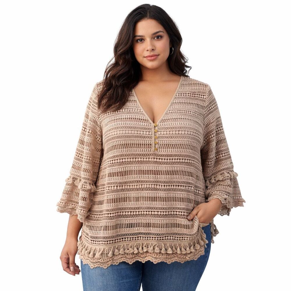 Soft Surroundings Tunic Blouse Womens Large Beige Crochet Boho V Neck Top